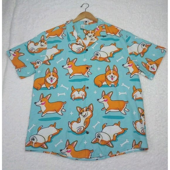 Corgi Dog Blue 3D Hawaiian Style All Over Print Shirt Size XL EUC - Picture 1 of 8